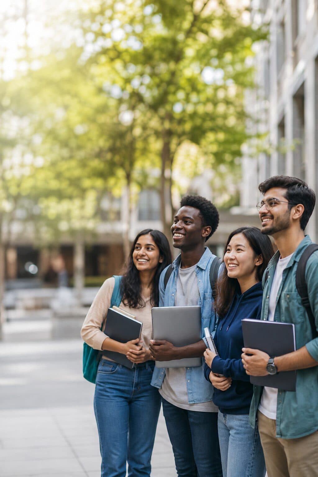 Diverse international students on campus, starting their study abroad journey