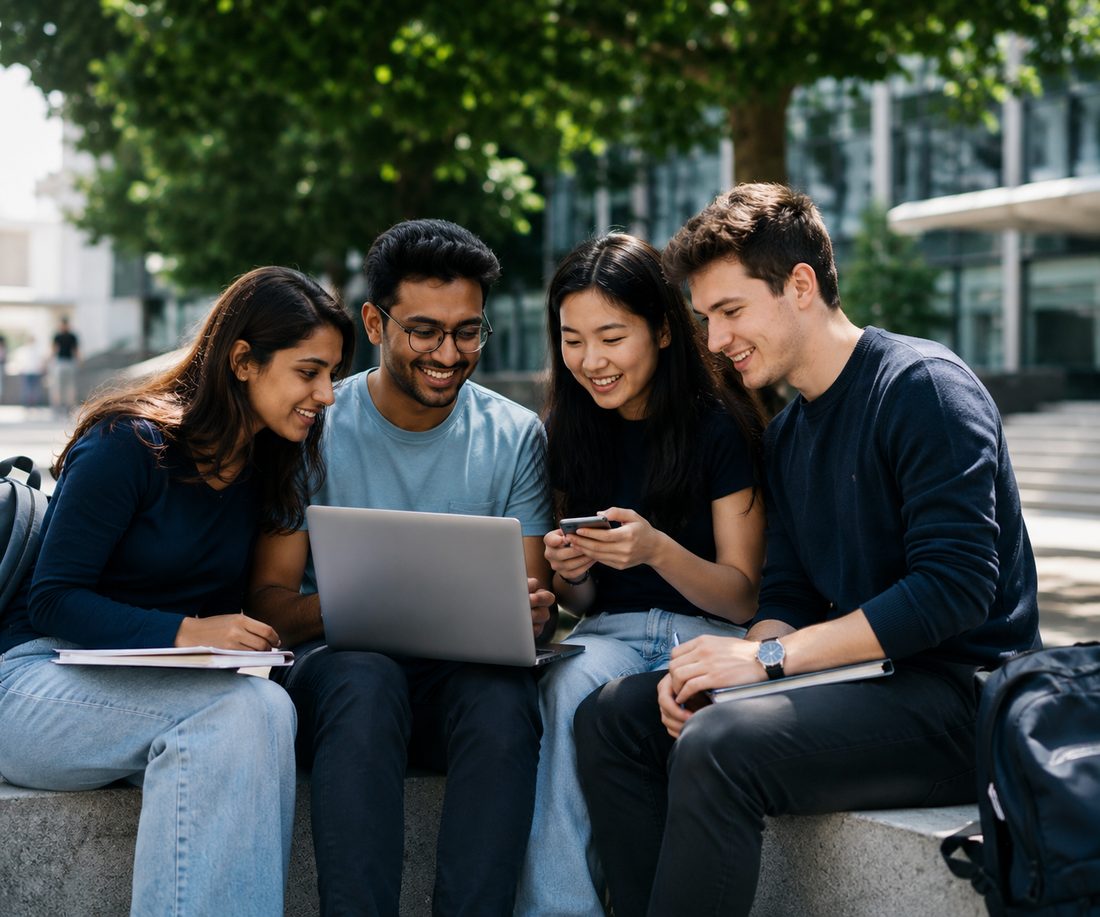 International students comparing study options together on campus